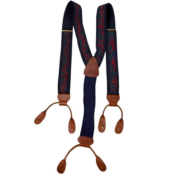 Ermenegildo Zegna Mens Paisley Suspenders Leather Adjustable Navy Red Italy - Picture 1 of 5